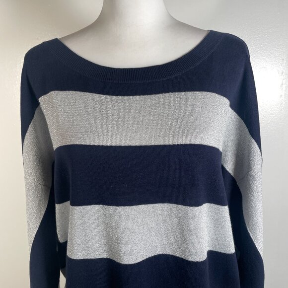 Liz Claiborne Navy Blue Silver Striped Boat Neck Tight Knit Pullover Sweater XL - Picture 3 of 13